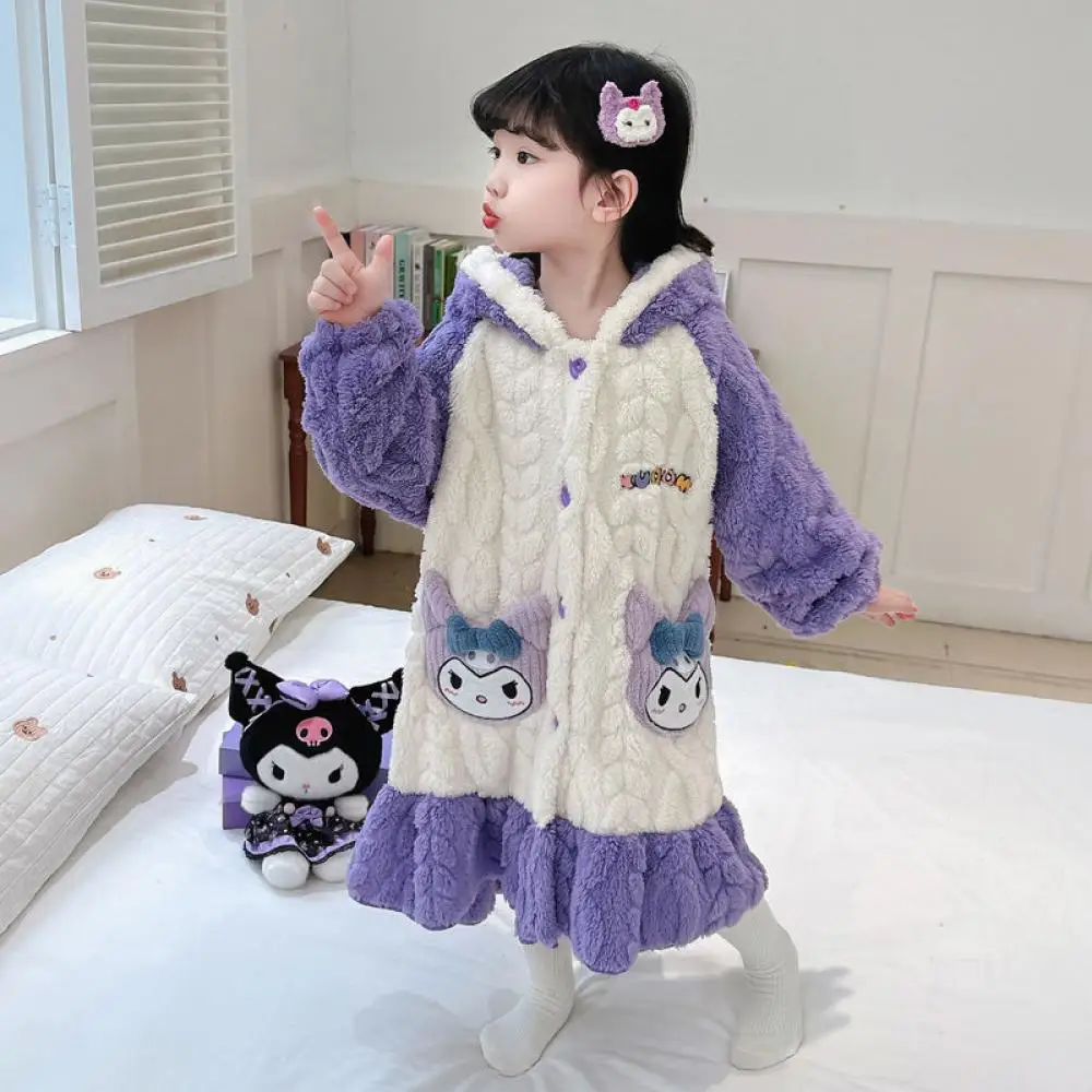 Anime Kids Plush Pajamas Robe Cartoon Kuromi Melody Cinnamoroll Sanrios Kawaii Girl Coral Fleece Warm Thicken Hooded Nightgown