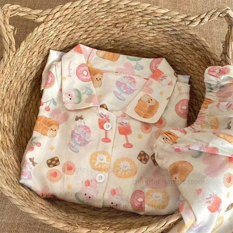100% coton Pijama Mujer vêtements De nuit doux dessin animé beignet Pyjamas costume 2 pièces Pijamas De Mujer automne nouveau doux maison vêtements