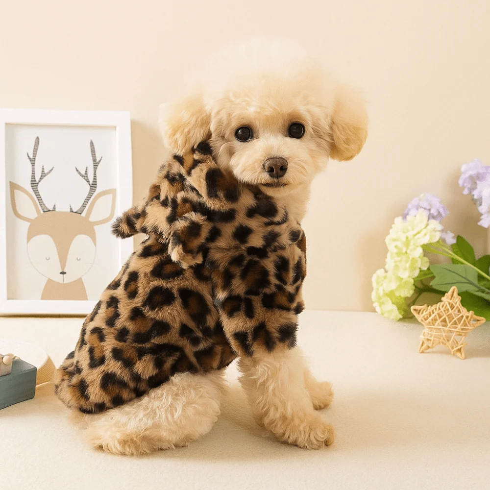 Modische Hundekleidung mit Leopardenmuster, warme, verdickte Fleece-Haustierjacke mit Kapuze, Teddy-Hundemantel, Hundemantel – Detail 2