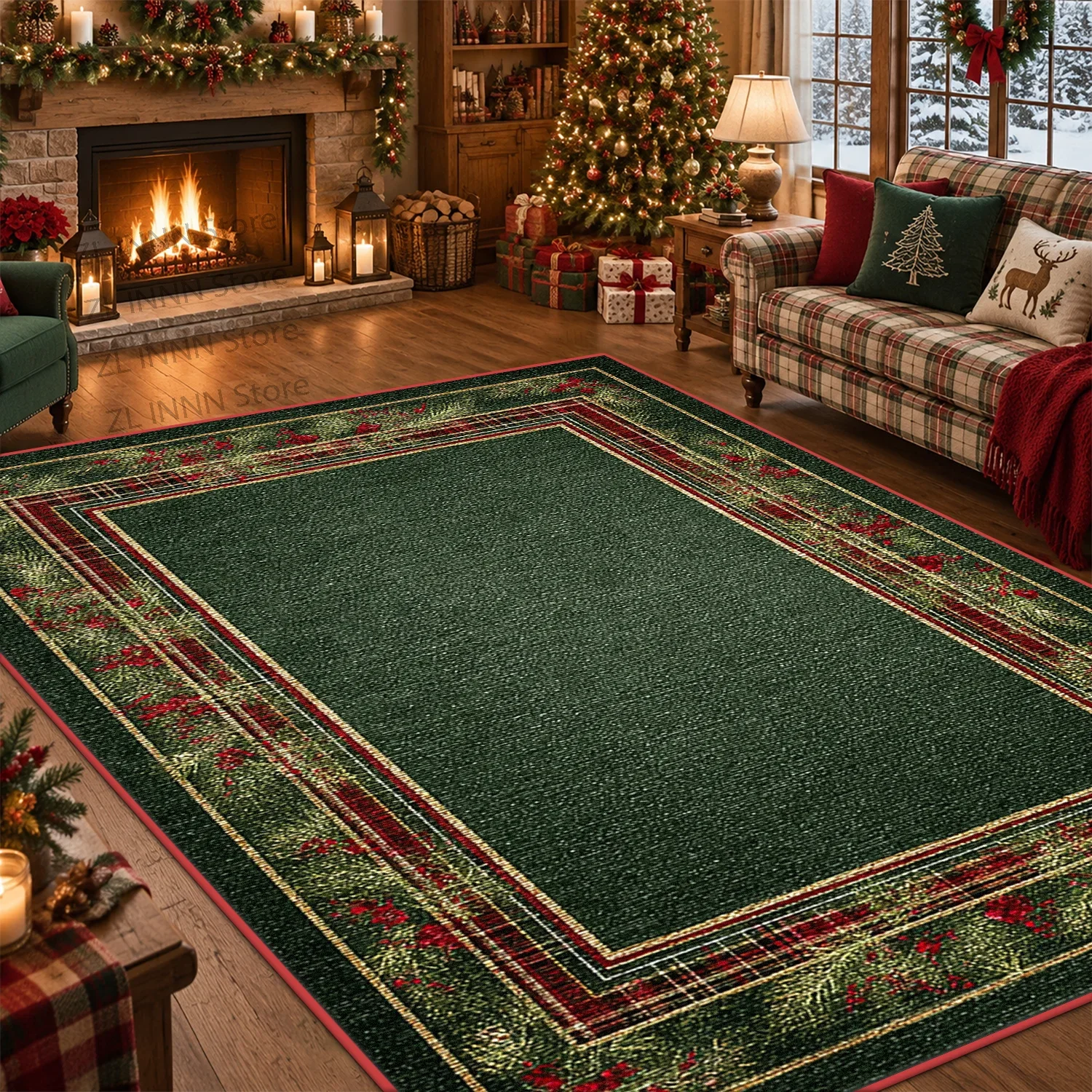 Vintage Christmas Living Room Rug Forest Green Plaid Wreath Pattern Non Slip Washable Large Area Carpet Holiday Home Decor Mat