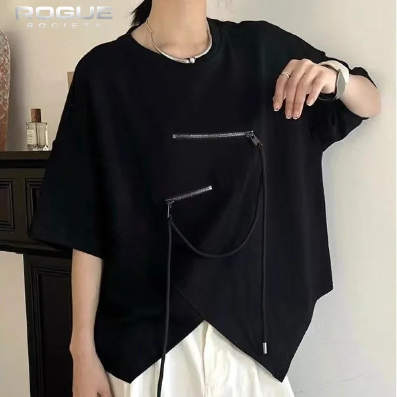 American Streetwear Y2K Men Women Summer Tshirt Irregular Hem Zipper Decor Split Hem Harajuku Tees High Street Unisex Top Edgy