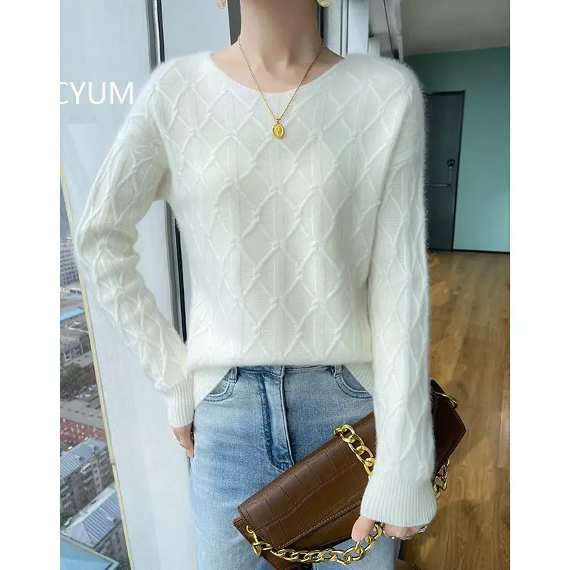 boutique high-end knitted women's 100% Wool sweater round neck Loose pullover long sleeved new Thickened Geometric Jumper Tops