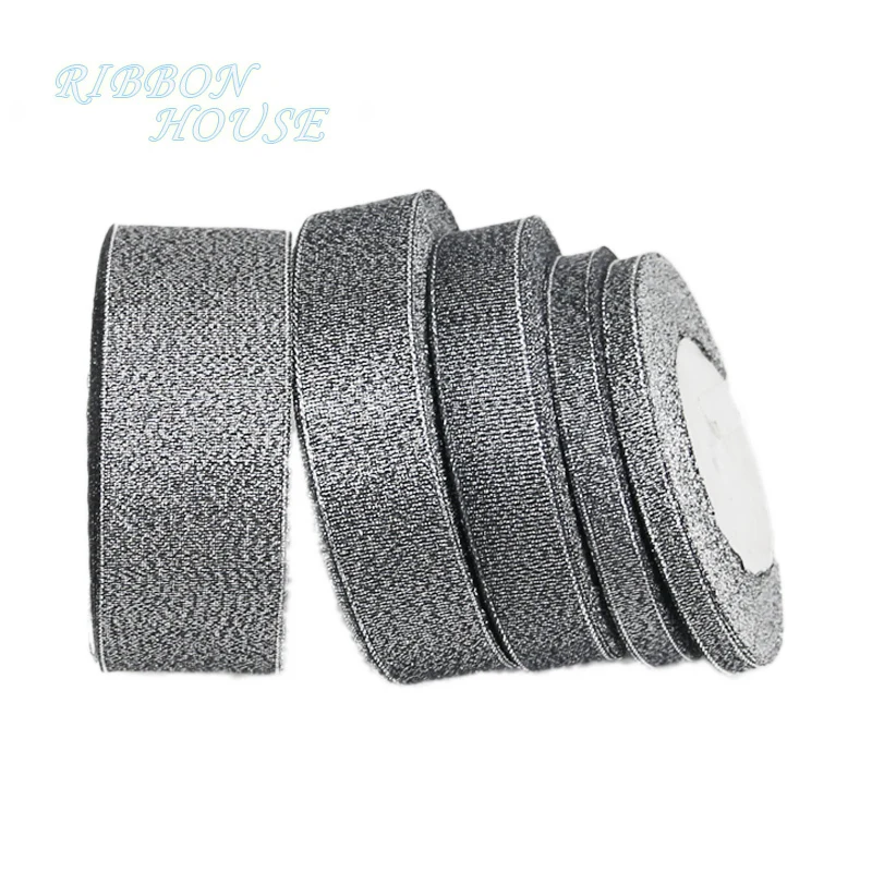 (25 yards/roll) black Metallic silver Glitter  Ribbon Colorful gift package ribbons wholesale 6/10/20/25/40mm