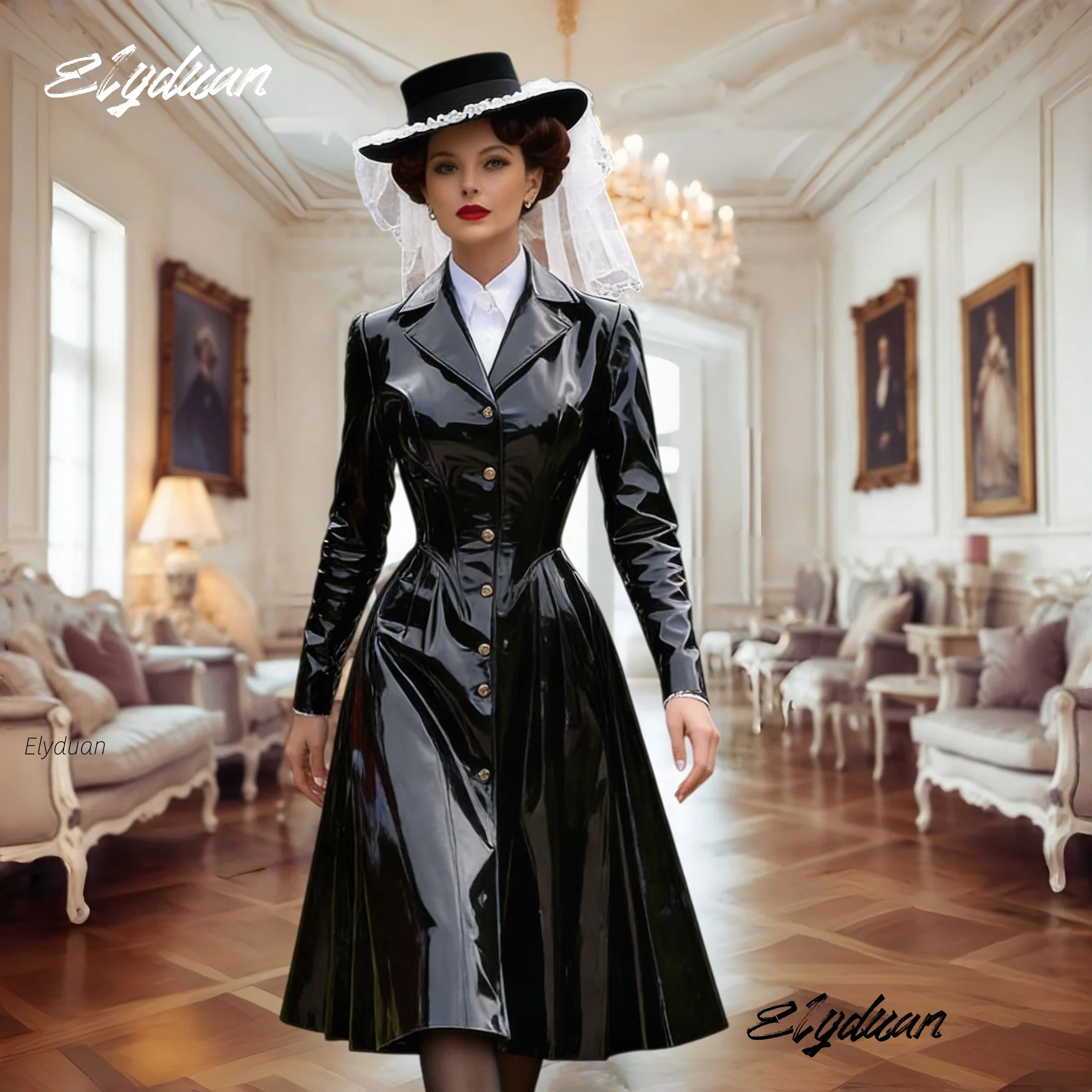 Glänzendes schwarzes PVC-Abschlussballkleid, mittellang, A-Linie, Anzugkleid für Damen, lange Ärmel, Cosplay-Kostüm, Kleidung für besondere Anlässe, maßgeschneidert