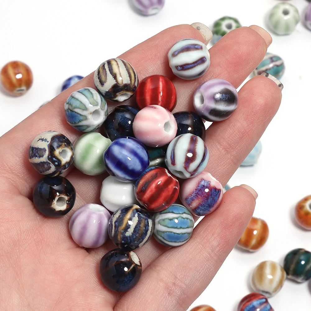 10pcs/lot Multicolor Pumpkin Shape Ceramic Beads Stripes Loose Spaced Round Beads For DIY Crafts Bracelet Jewelry Accessories