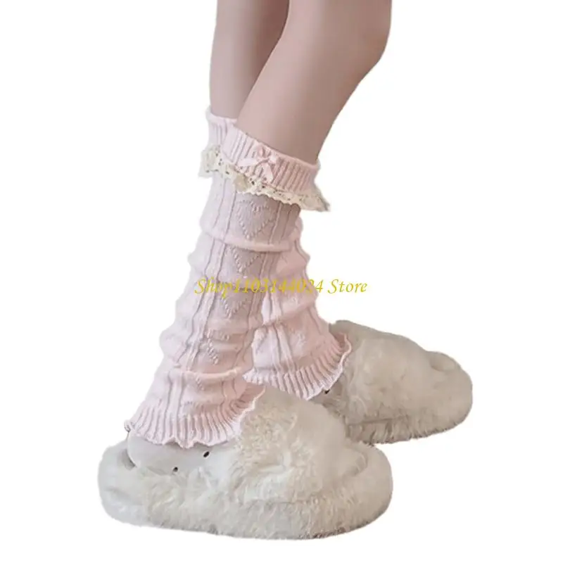 N5KE Lace Trim Socks Gaiters with Bows for Women Knitted Ruffle Leg Warmers Covers