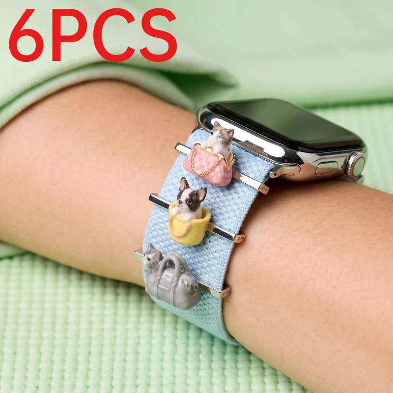 6Pcs Cute Pet Watch Band Charms Cat Dog Bag Shaped 3D Colorful Pendants DIY Bracelet Watch Strap Jewelry Accessories