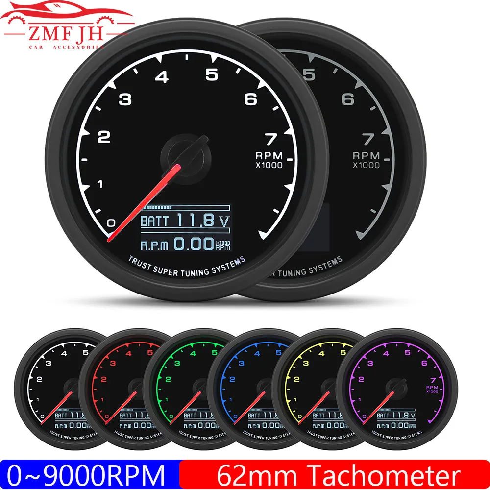

0-9000 RPM 62mm Tachometer LCD Display 7 Color Light Digital Tachometer for 4/6/8 cylinder Gasoline Engine Racing Car 12V Custom