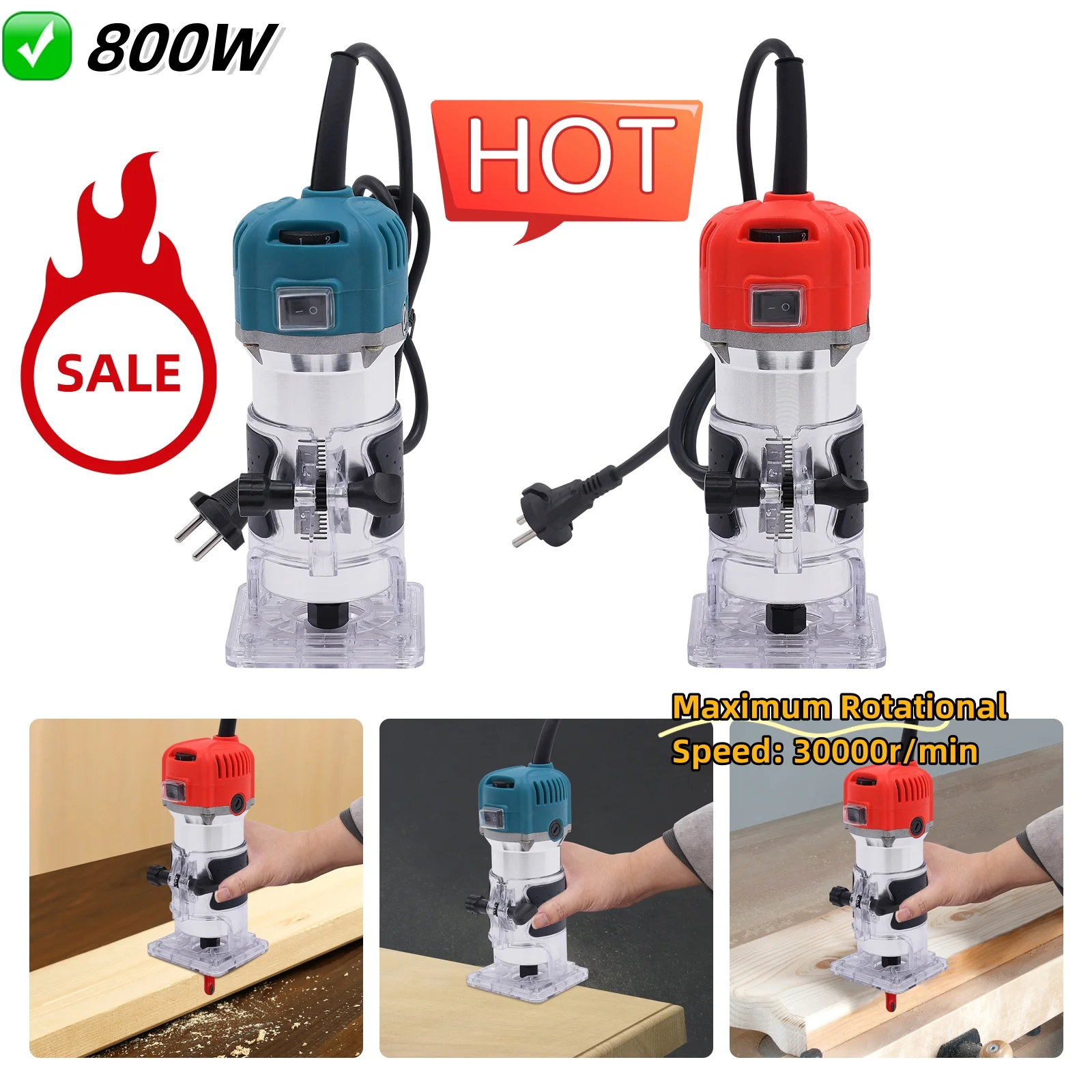 800W 30000RPM Wood Router Machine Electric Hand Trimmer Woodworking Trimming Grooving Carving Machine Carpenter Power Tools