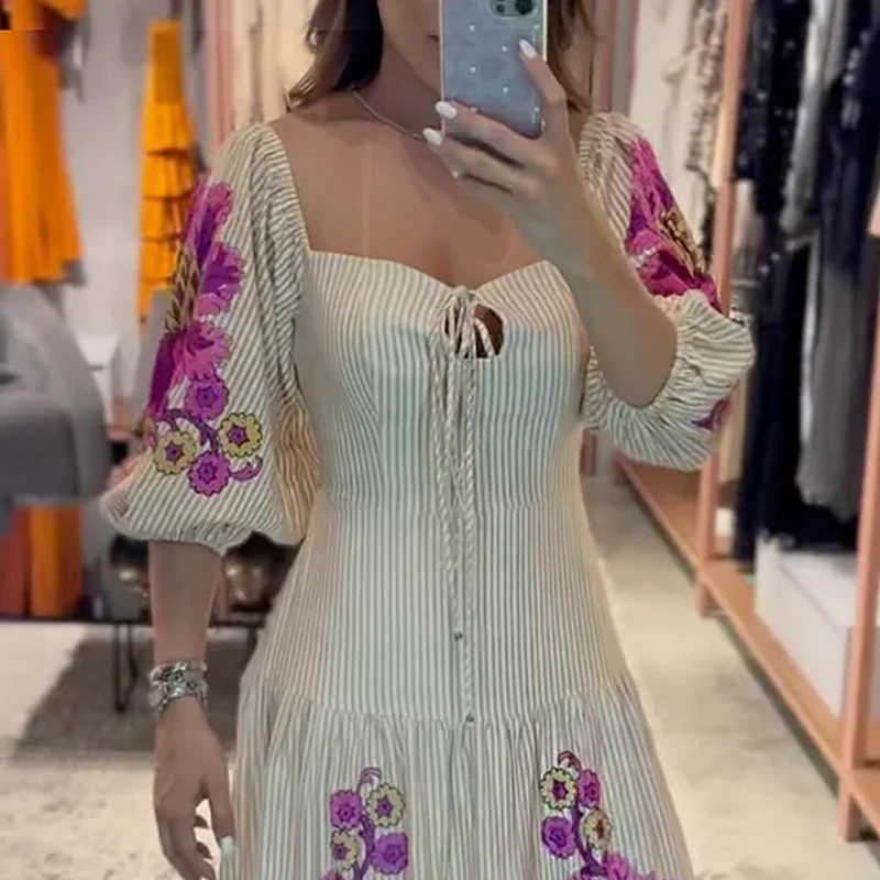 Ellafads Maxi Dress Women Summer Fashion Elegant Chic Floral Print Lace Up Square Neck Puff Sleeve Striped Party Maxi Dresses