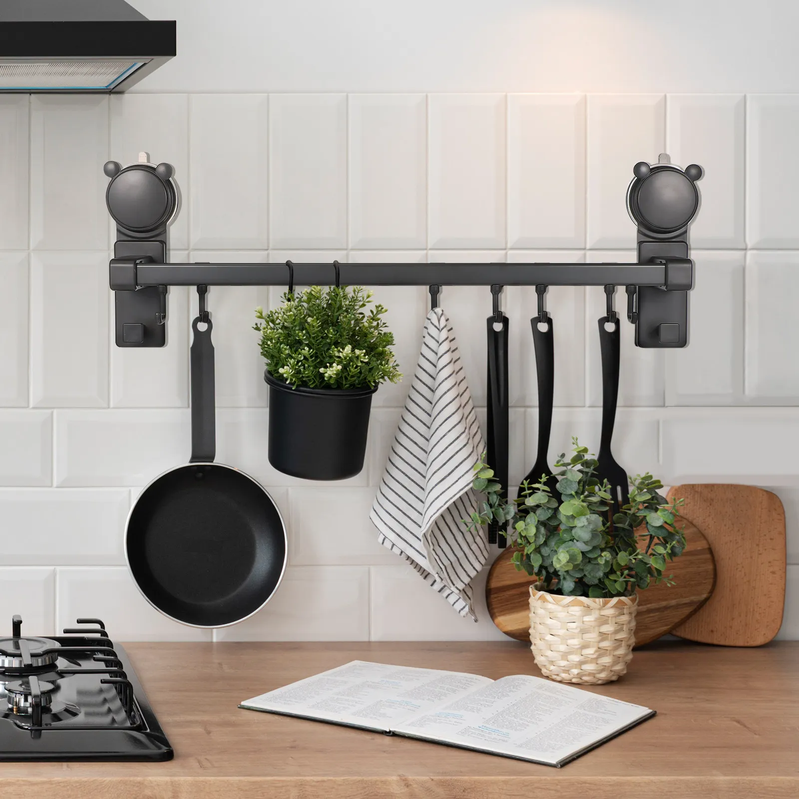 Heavy Duty Aluminum ABS Suction Cup Hook Rack for Kitchen Bathroom Shower Towel Utensil Storage No Drill Wall Mount Vacuum Rail