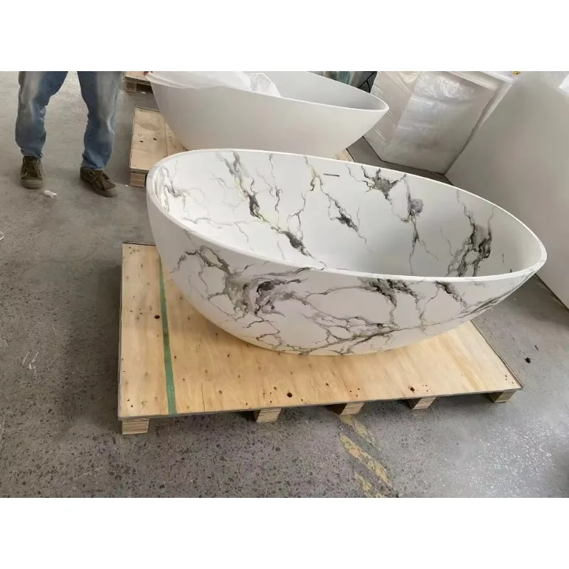 Modern Solid Surface Freestanding Bathtub Oval Soaking Tub Artificial Stone Standalone Bath For Hotel Villa Spa Custom OEM
