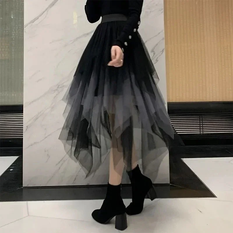 GIDYQ Gothic Irregular Tulle Skirt Women Vintage Black Grey Patchwork Mesh Skirt Elastic High Waist A Line Ball Gown Midi Skirts