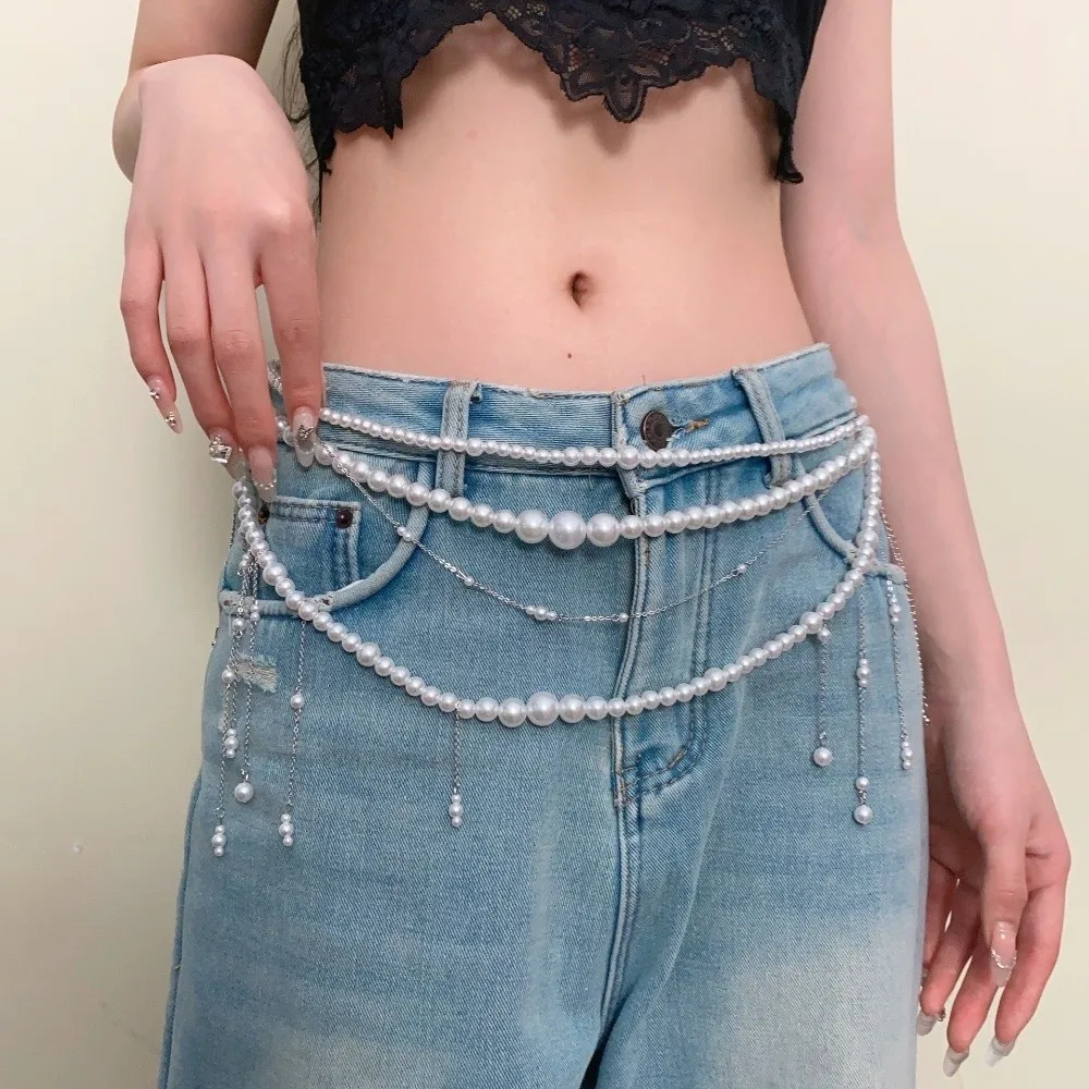 Y2K بريق اللؤلؤ شرابة الخصر سلسلة متعدد الطبقات الملابس والاكسسوارات اللؤلؤ قلادة حزام حزام مجوهرات للجسم اكسسوارات النساء