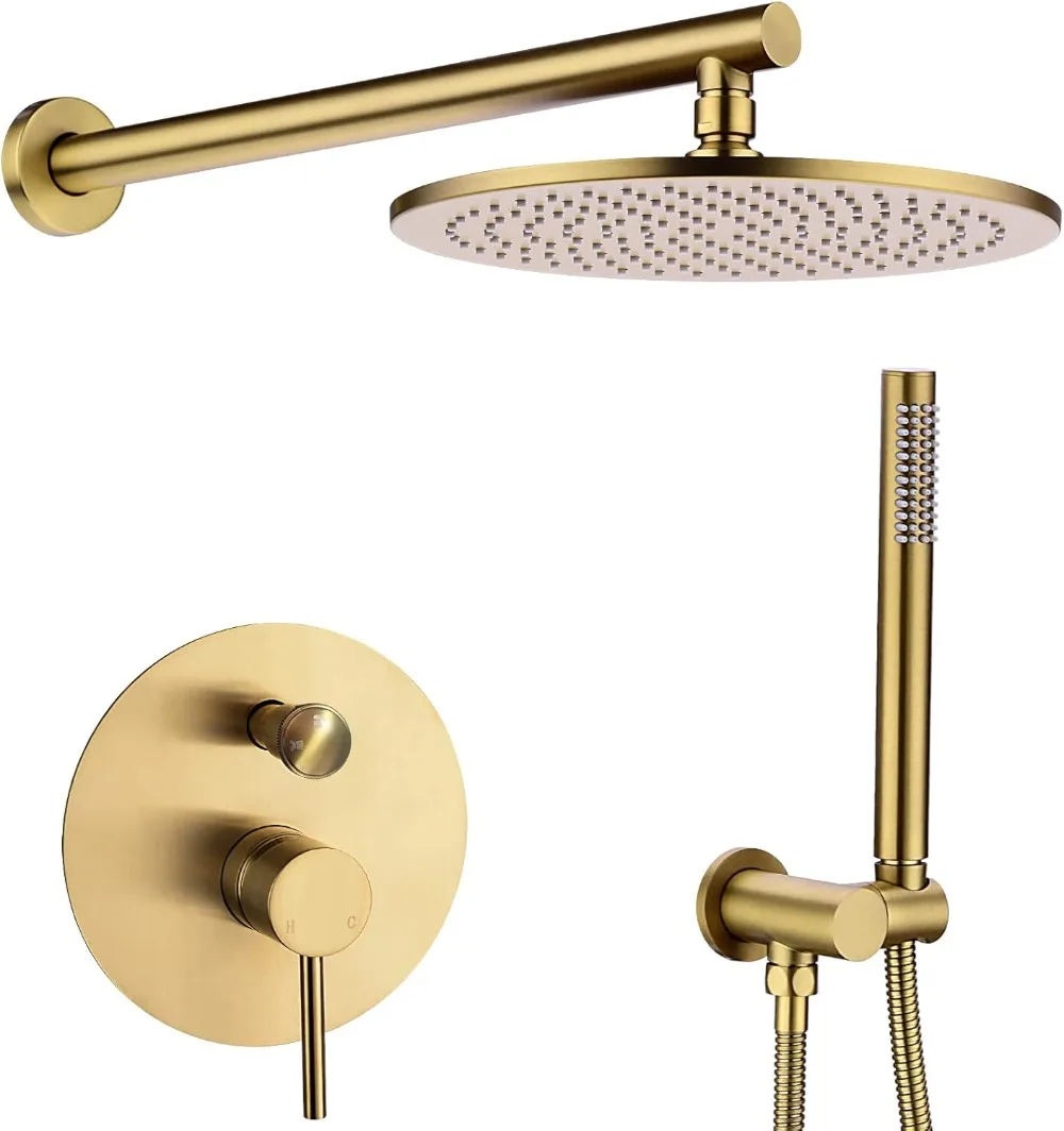 Bathroom Luxury Rain Mixer Combo Set Wall Mounted Rainfall Shower Head Brushed Gold Contain Faucet Rough-in Valve Body and Trim