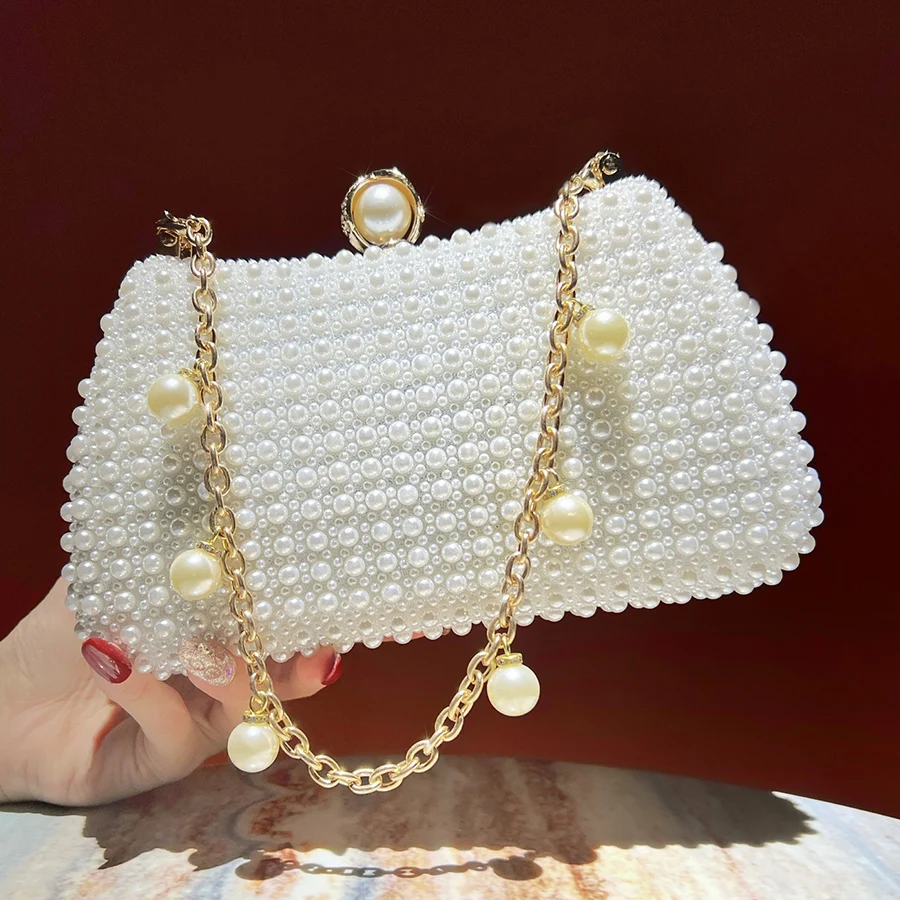 Fashionable Style Chain Shoulder Bag - New Model with Bead Decoration - Clutch Bag for Elegant Ladies for Formal Dinners and Ban