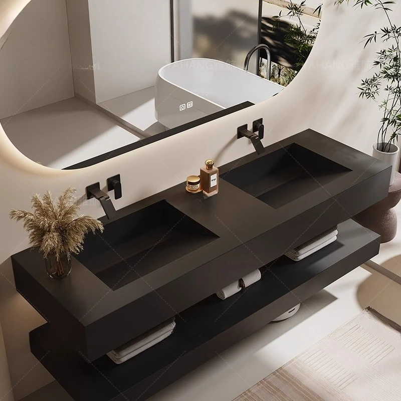 Slate integrated basin bathroom cabinet combination set bathroom washbasin single and double basin washbasin hand sink seamless