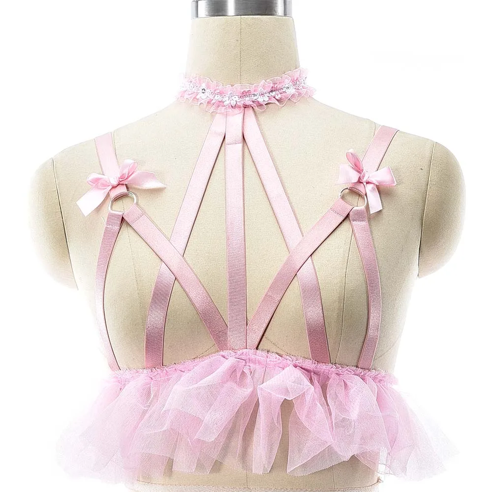 

Women Pink Crop Top Harness Bra Elastic Mesh Bondage Body Harness Bralette Hollow Rave Wear Bow Neck Lace Flower Cage Bra