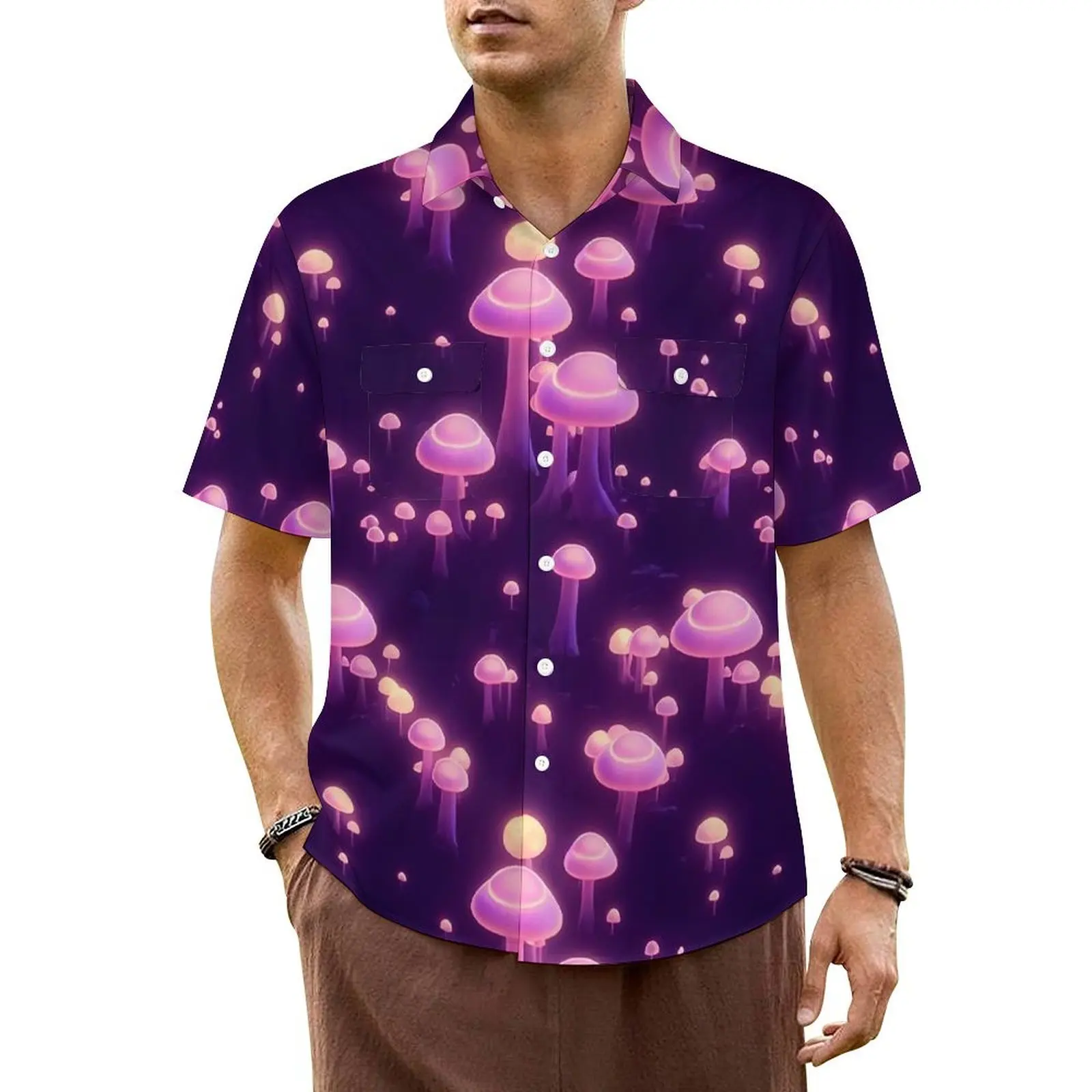 Magic Mushroom Vacation Shirt Man Trippy Mushrooms Vintage Casual Shirts Summer Short-Sleeve Fashion Design Oversize Blouses