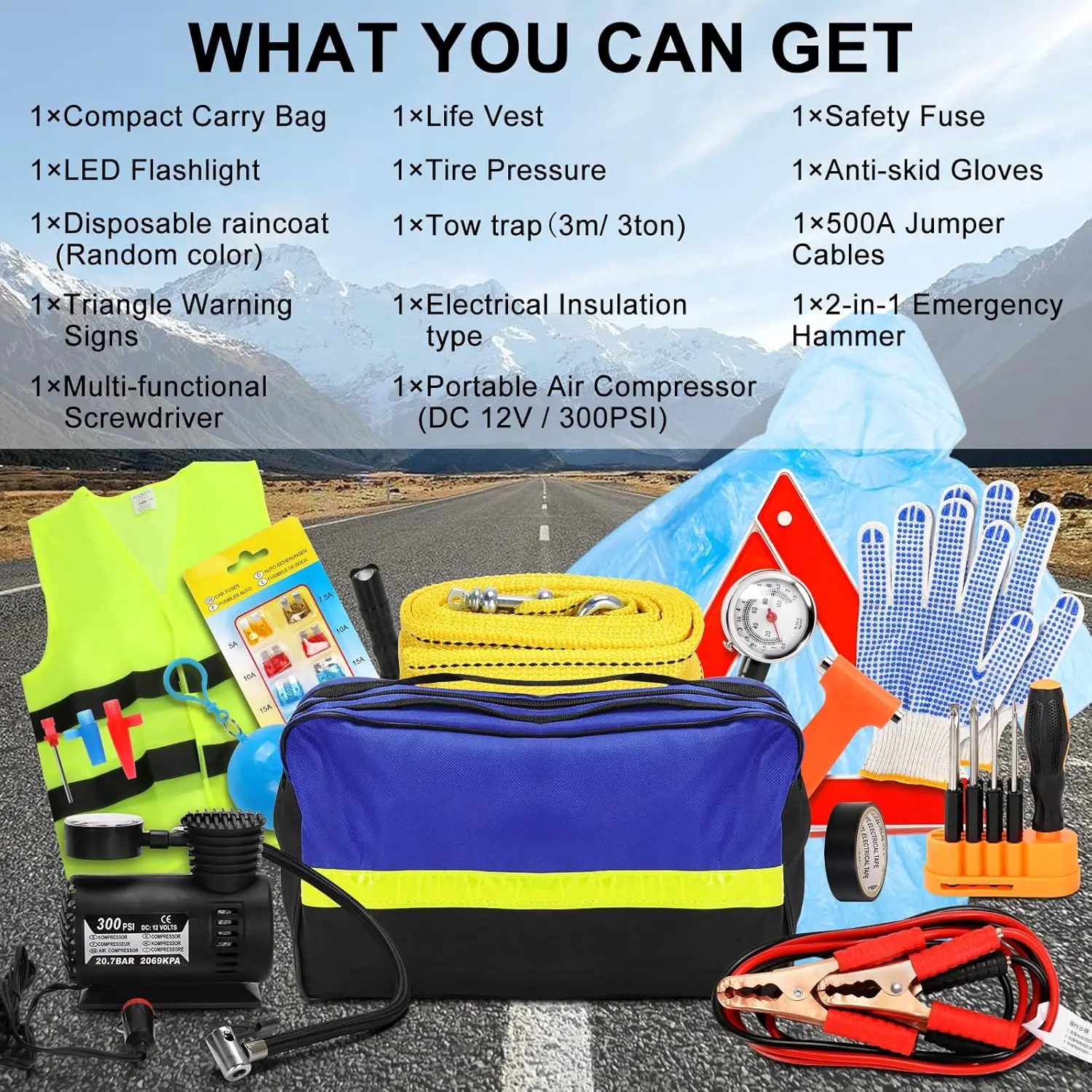 Kit de seguridad para automóvil, kit de emergencia en carretera de 14 piezas con cables de puente, compresor de aire, correa de remolque: equipo esencial para viajes y acampada