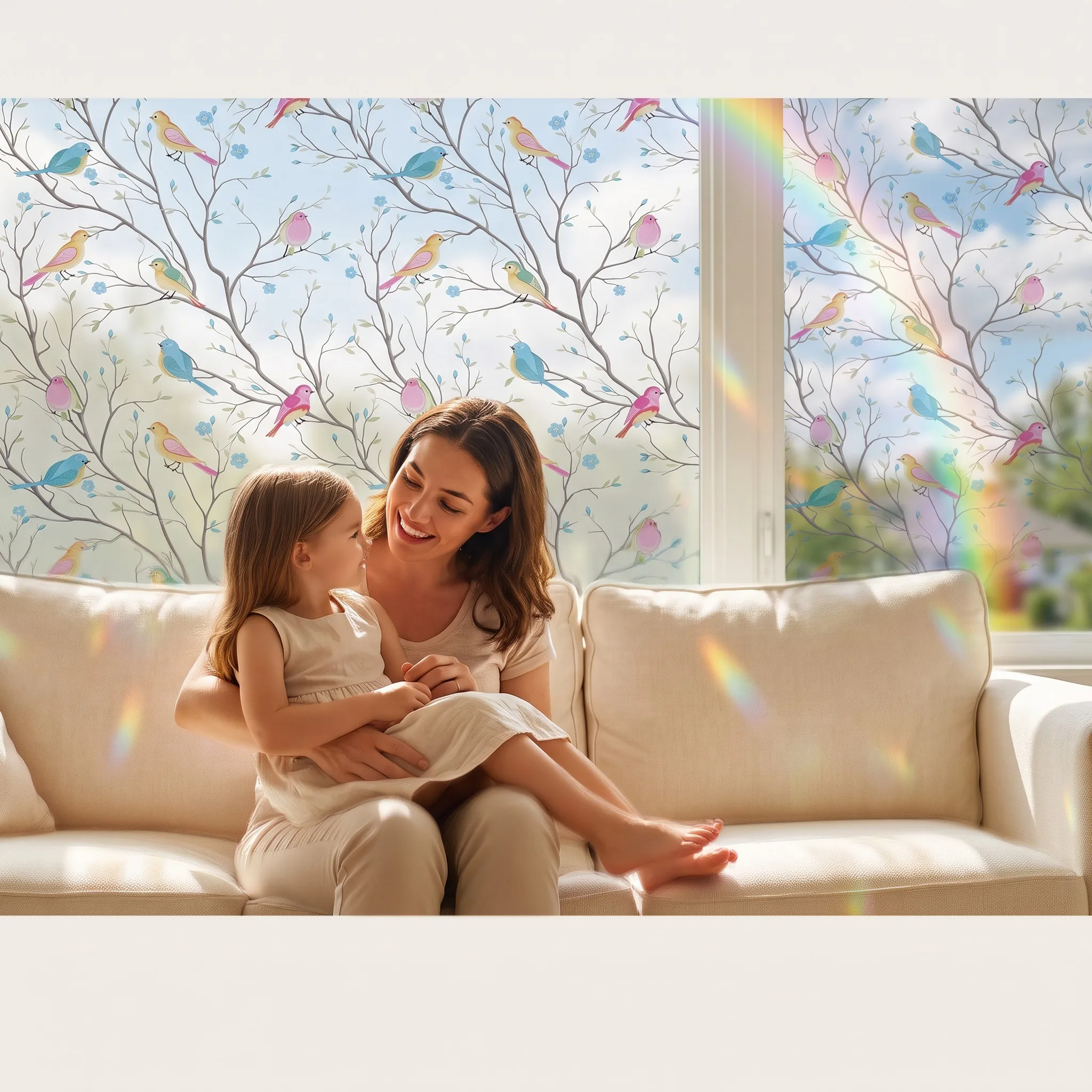 Static Cling Bird Tree Branch Frosted Window Film, Non Glue Privacy Decorative Glass Sticker for Bathroom Bedroom Kids Room, DIY