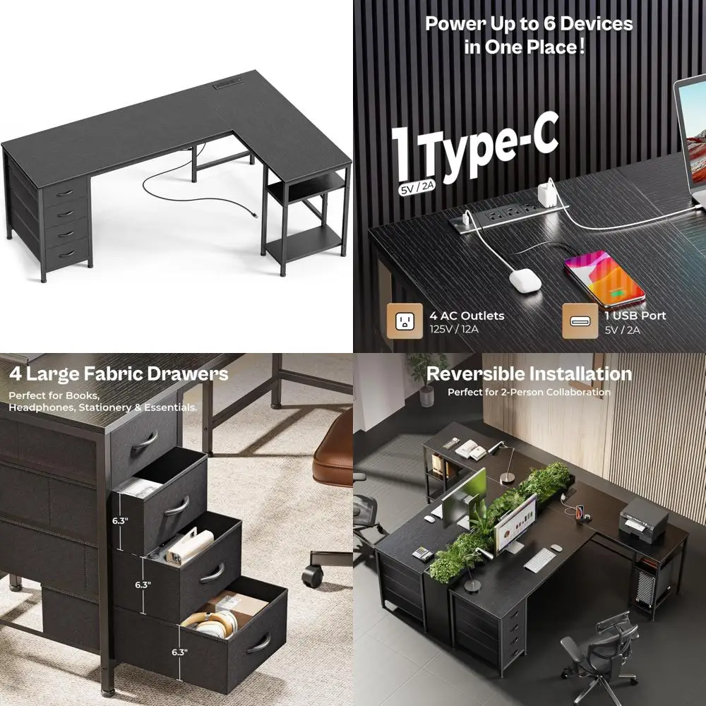 

Регулируемый 63-дюймовый игровой стол L-образной формы с тканевыми ящиками, двусторонними, розетками, портами USB-C, эргономичным дизайном для комфорта