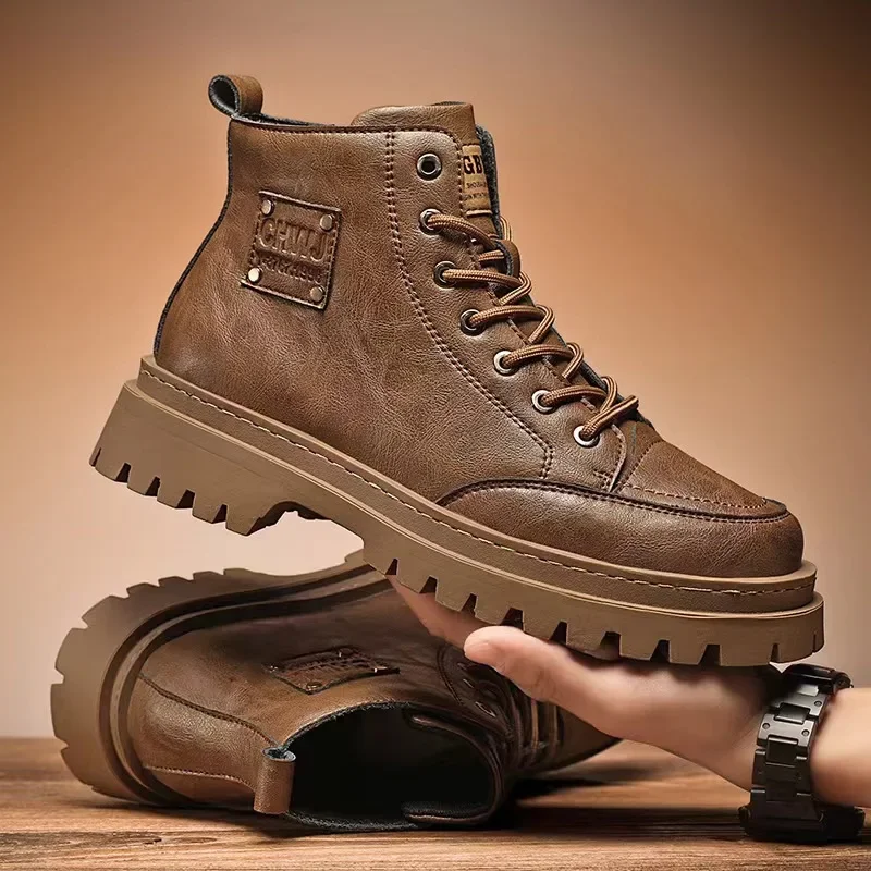 High Quality Men's Boots Platform Hiking Luxury British Style Leather Boots for Men Waterproof Lace-up Boot Casual Outdoor Shoes