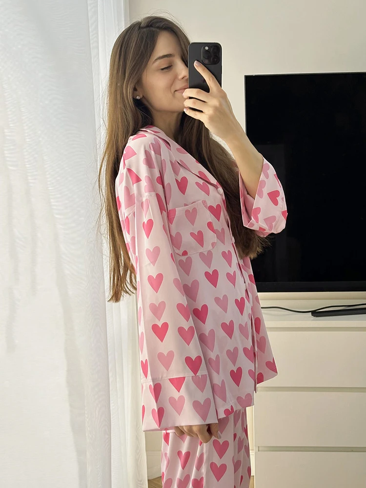 HiLoc Elegant Pink Satin Heart Print Pants Sets For Women Pajamas 2 Pieces Summer Pockets Loose Shirts Sleepwears Straight Pants