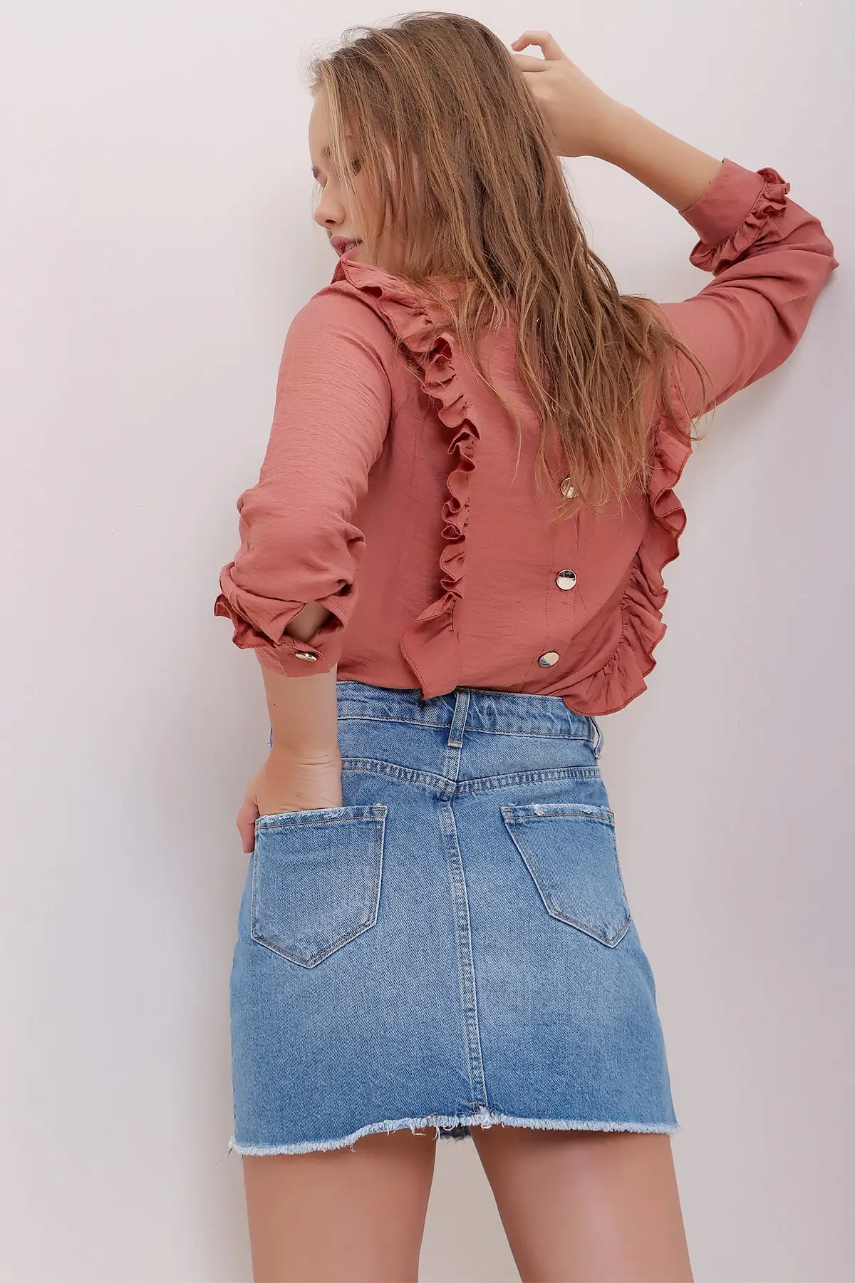 Wanita Kulit Bawang Kerah Sepeda Fronting Flounces Carnitin Bluz ALC-X6877 Wanita Tren Mode Musim Baru Kualitas Yang Indah