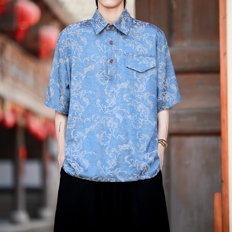2025 Trendy Summer Jacquard Short Sleeve Shirt for Men Breathable Pullover Casual Top with Floral Pattern Lightweight & Style