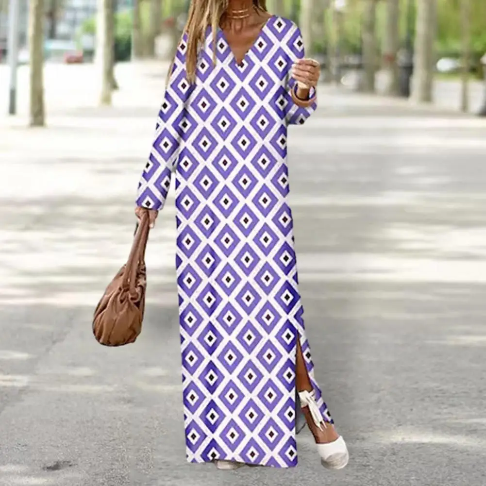 

Women Fall Dress Split Hem V Neck Long Sleeve Contrast Print Loose Geometric Pattern Full Length Soft Breathable Maxi Dress