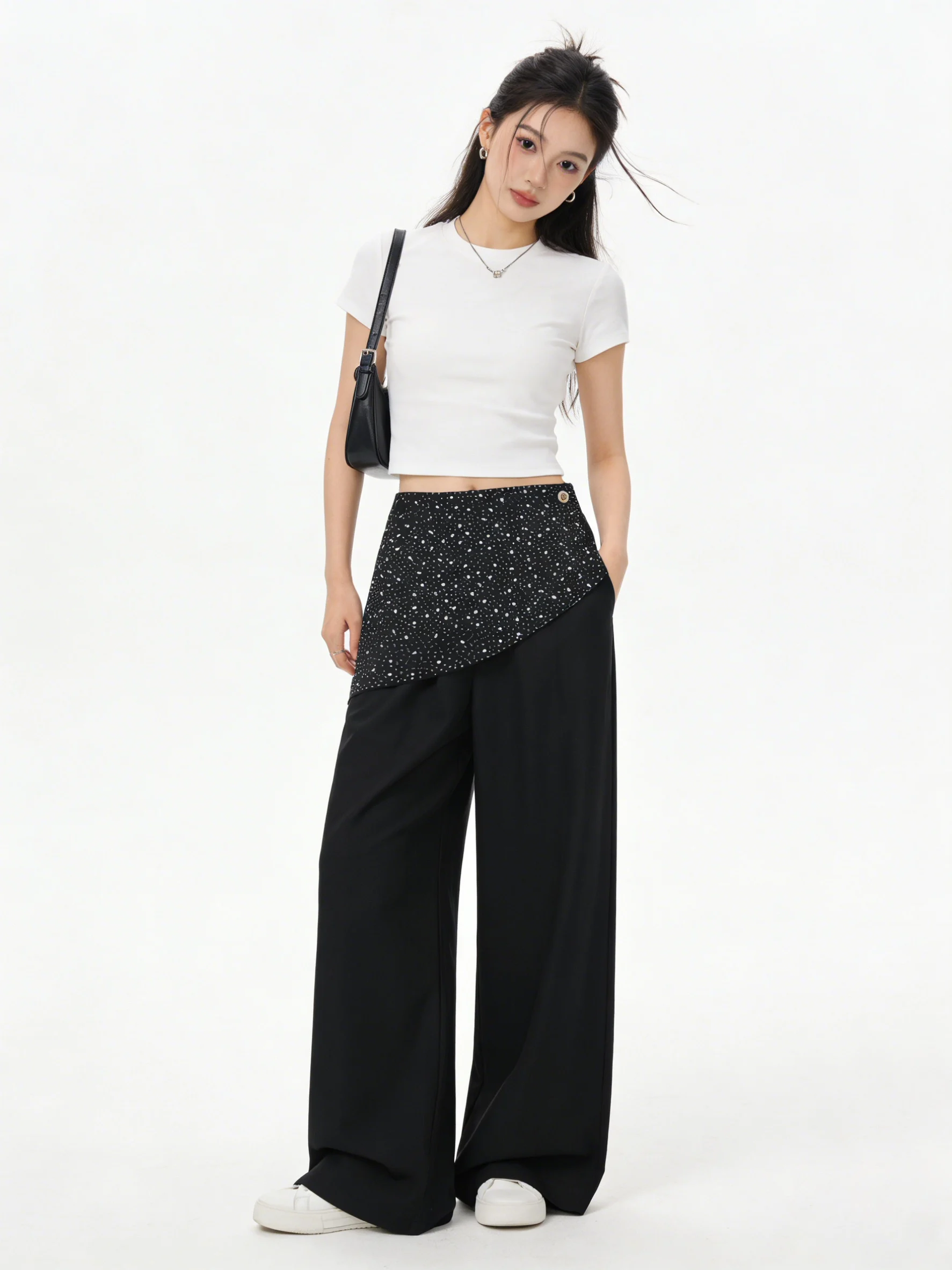 

Женские модные брюки с широкими штанинами, эластичным поясом, блестками и стразами, с высокой талией, универсальные, весна 2026