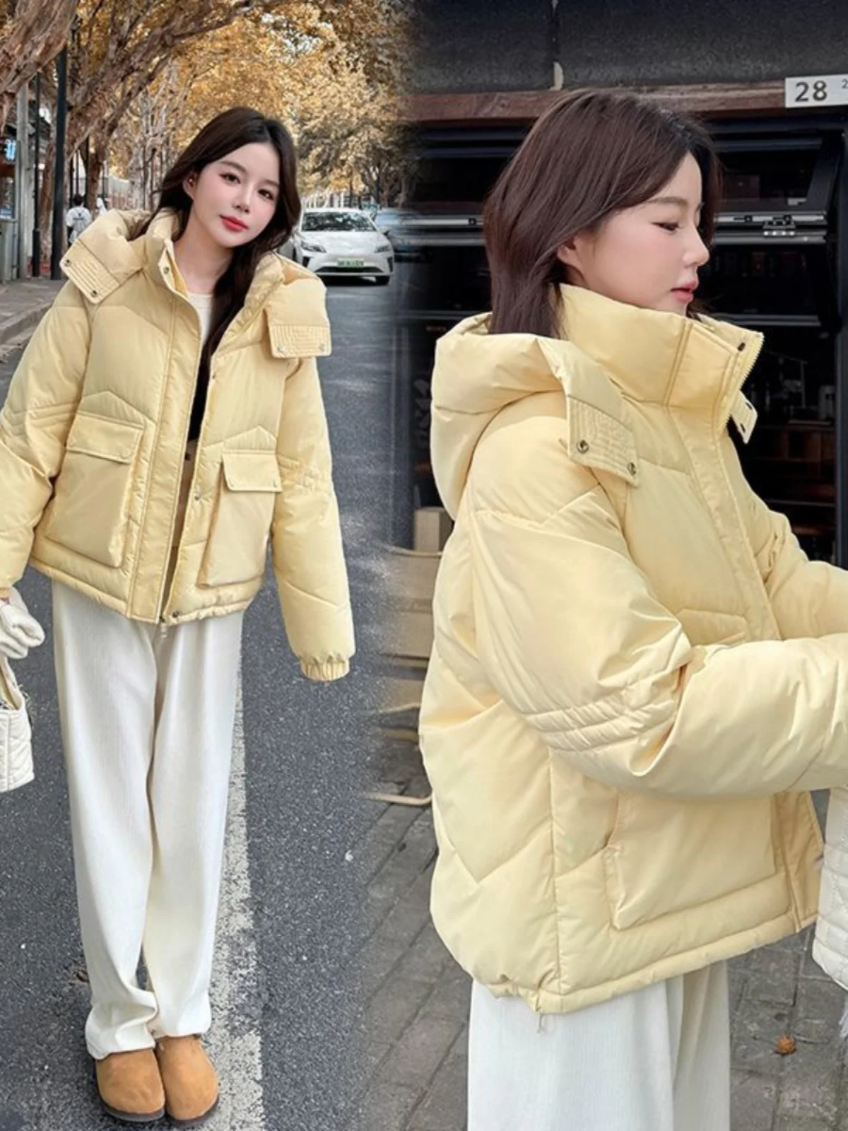 

Зимняя утепленная хлопковая куртка для женщин: модное свободное пальто с капюшоном и большими карманами, новинка в корейском стиле, повседневное пальто