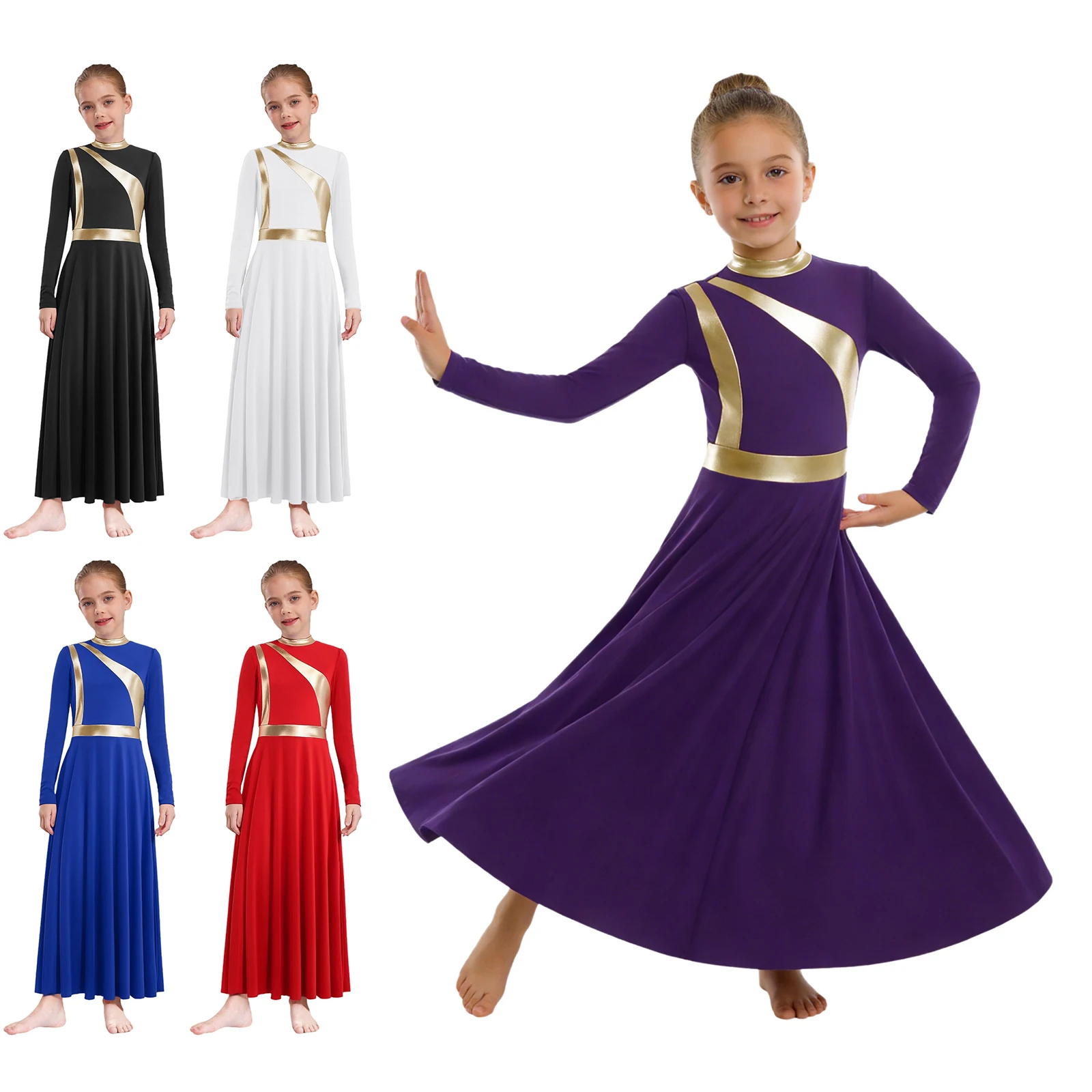 Kids Girls Worship Church Choir Costume Metallic Color Block Long Sleeve Back Praise Lyrical Dance Dress for Stage Performance