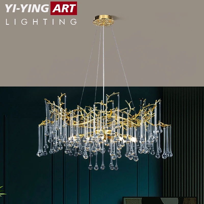 Postmodern Italian Luxury Living Room Pendant Light Droplet Crystal Light French Villa Restaurant Art Branch Pendant Light