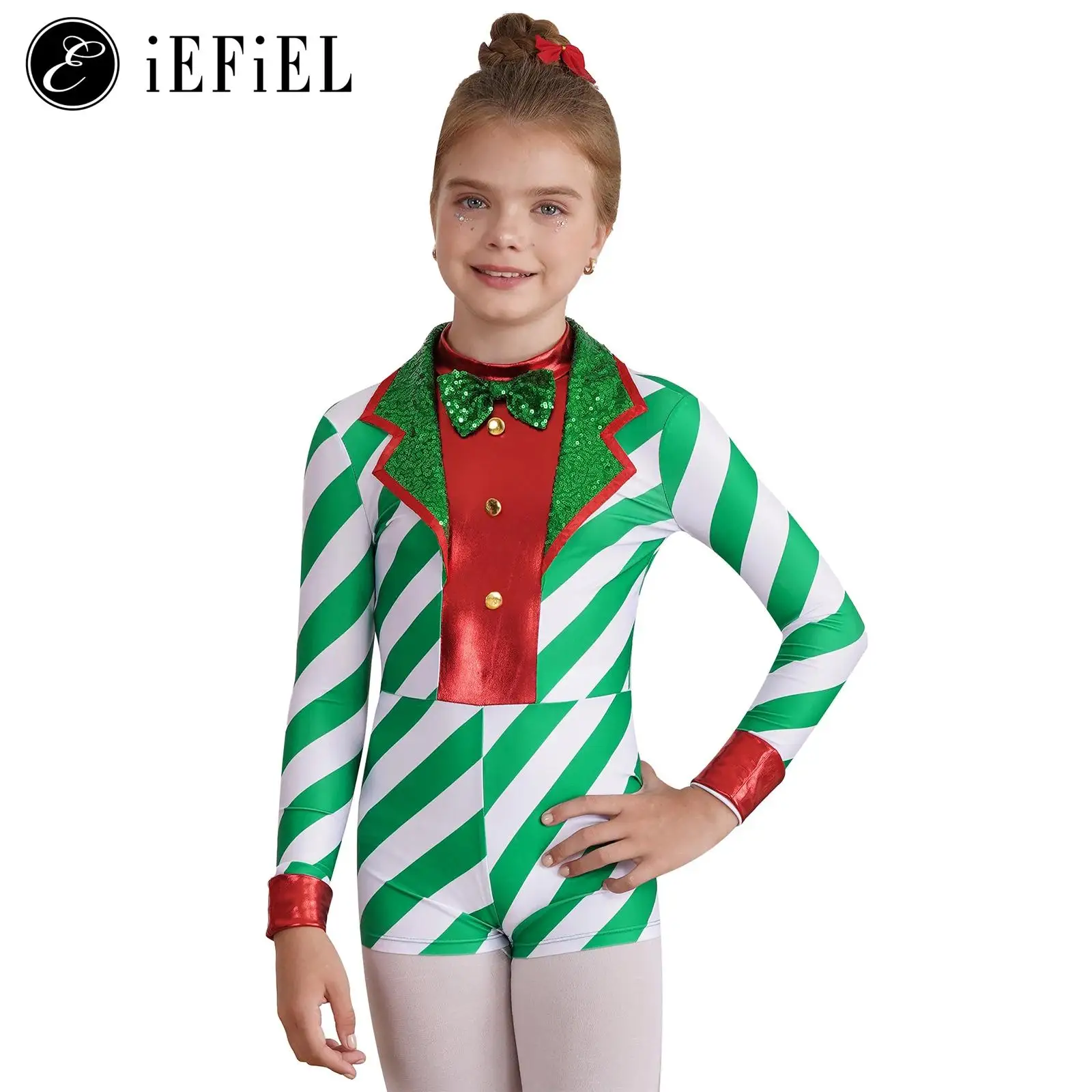 Meisjes Kerst Candy Cane Kostuum Lange Mouw Pailletten Bowtie Hals Dans Jumpsuits Vakantie Gestreepte Gymnastiek Unitard Body