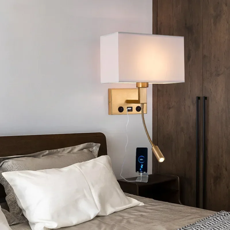 

Modern Bedroom Bedside Wall Lamp with USB Port for Charging Phone Cloth Lampshade LED Hotel Wall Lights for Reading Spotlight