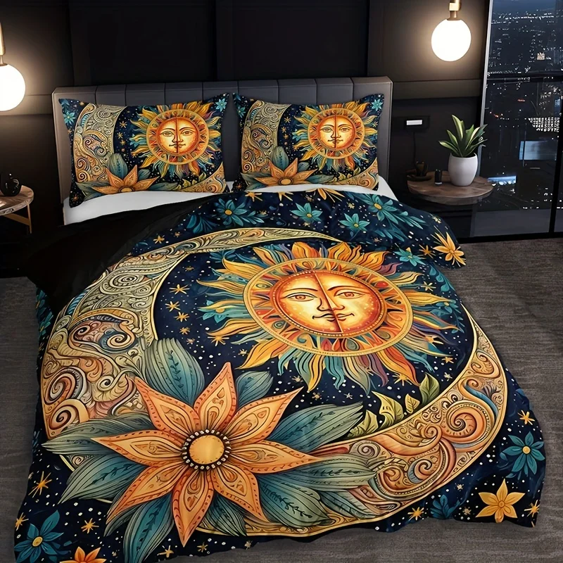 3Set Sun and Moon Floral Pattern Suit - Including1One Quilt Cover and2Pillowcase，Breathable Polyester Fiber，Machine Washable - S