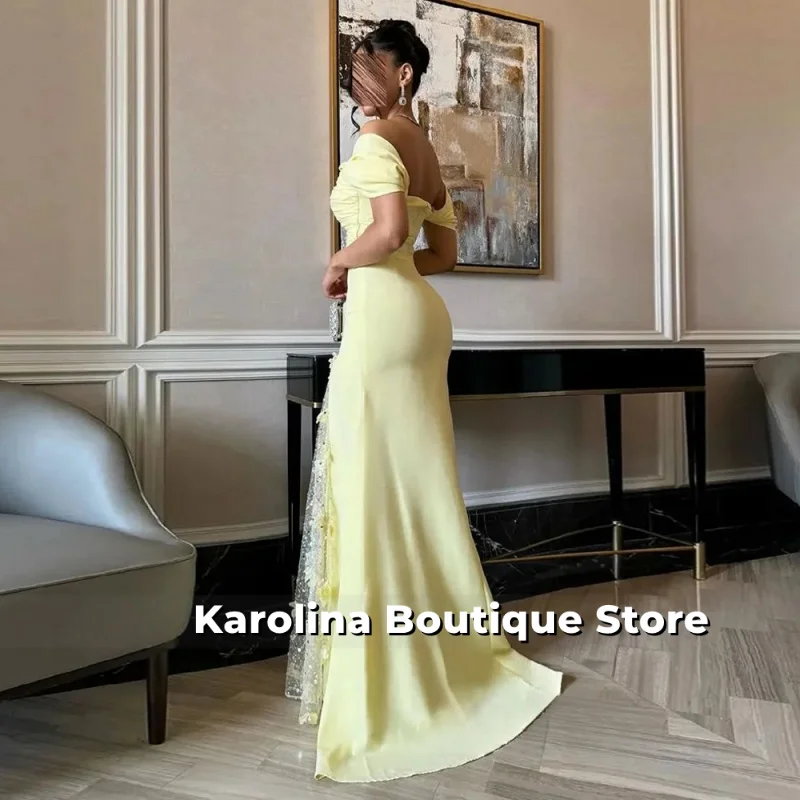 فستان سهرة عربي سعودي أصفر حورية البحر مخصص قبالة الكتف الديكور الزهور مطوي سويب تراين ثوب حفلة امرأة عربية