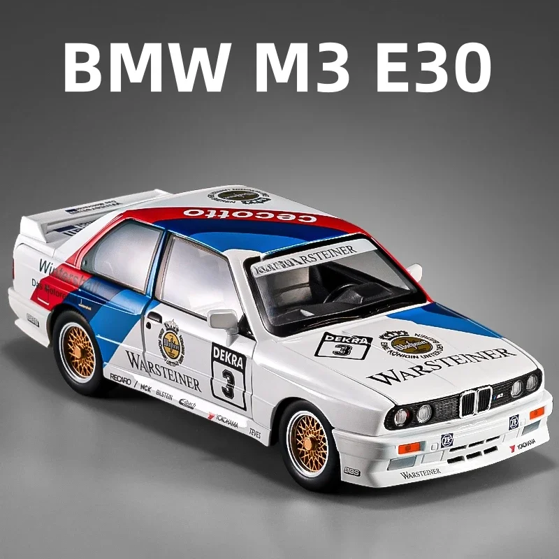 1:24 BMW M3 E30 1987 DTM Modello di auto in lega Suono e luce Tirare indietro Giocattolo per bambini da collezione Regalo di compleanno