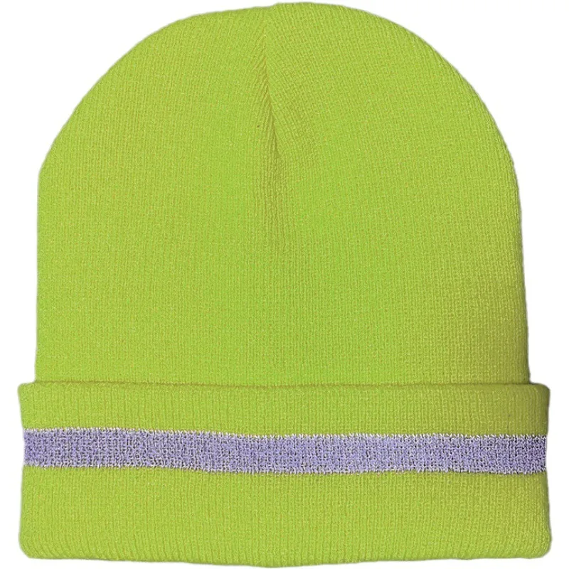 Winter Cap Beanie Fluorescent Color Reflective Striped Acrylic Double Knit Hat Outdoor Sweater Satin Lined Hat