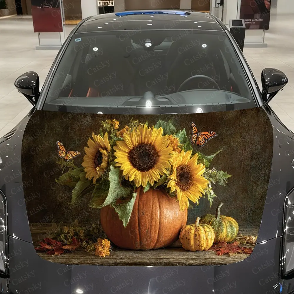 

Golden Sunflower Perched on Pumpkin Car Vinyl Wrap, PVC Waterproof Car Hood Sticker, Self-Adhesive Scratch-Resistant Stickers