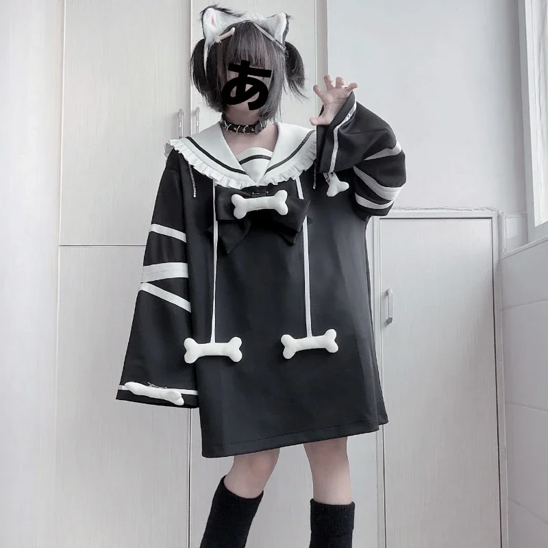 Subculture Mine Sailor Collar Sweatshirt Dress 2024 Fall New Japan Style Oversize Loose Long Sleeve Hoodie Dresses Femininos