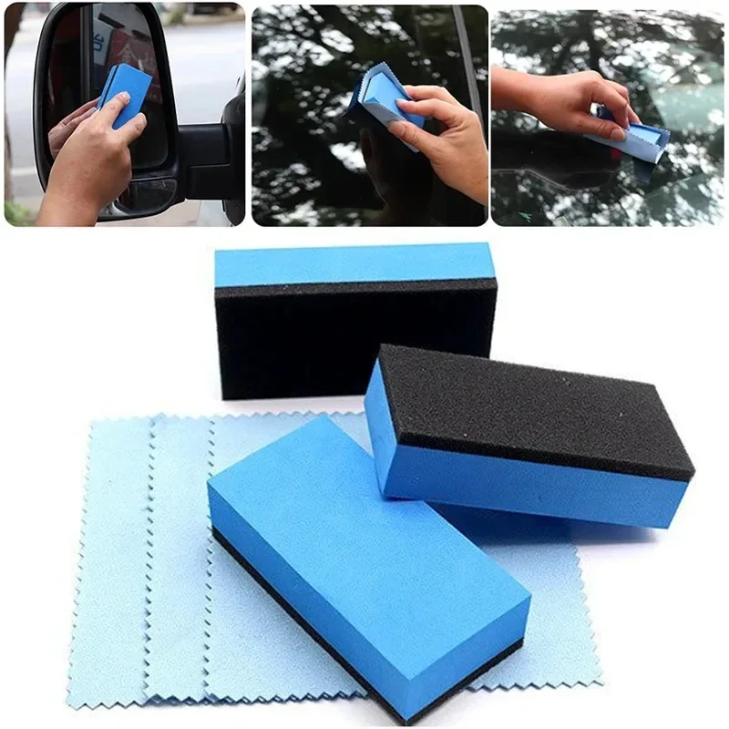 Car Ceramic Coating Sponge Applicator Glass Nano Wax Coat Sponges Blue Square Sponge and Cloth Car Cleaning Brush