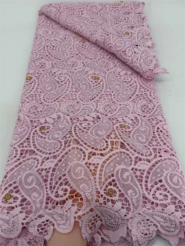 

African French Guipure Cord Lace Fabric 2026 Hot Sale Nigerian Stones Water Soluble Lace Fabric For Women Wedding Party Dresses