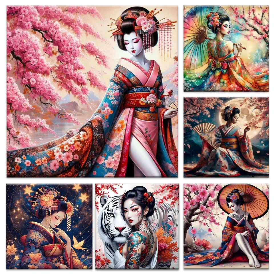 5D DIY Diamond Art Painting Japanese Woman Kimono Tattoo Geisha Cross Stitch Embroidery Diamond Mosaic Kit Rhinestone Home Decor