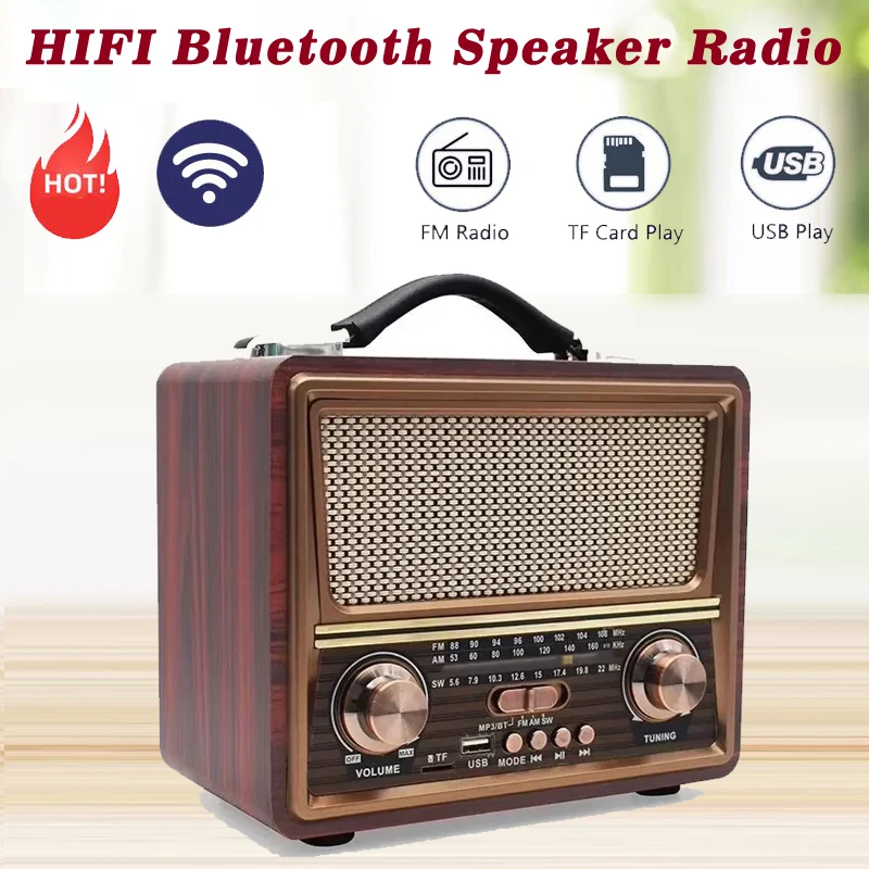 Беспроводной Bluetooth-динамик Wood Stero HIFI Sterero Mp3-плеер Радиоприемник Перезаряжаемый FM/AM/SW ПОДДЕРЖКА USB/SD/TF