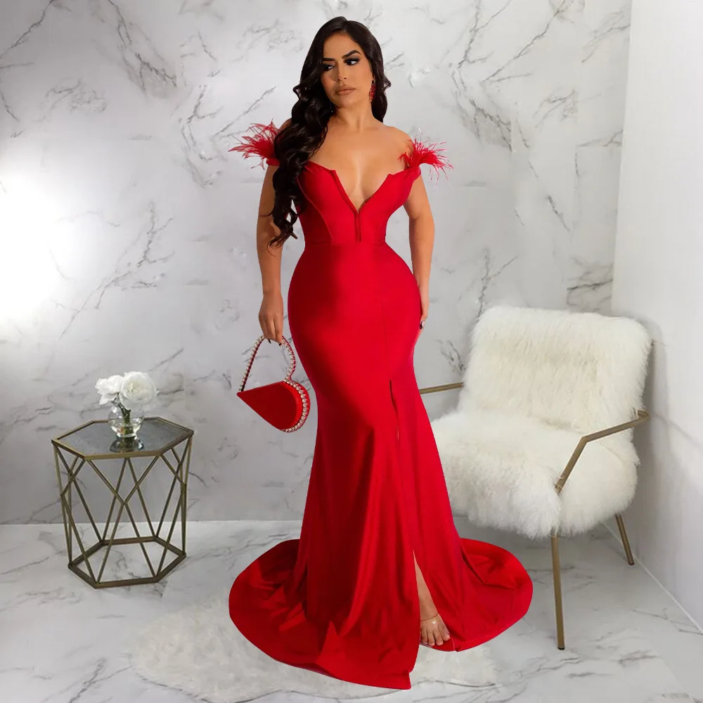 

2024 Spring Sexy Off Shoulder Evening Maxi Dress Women Solid Feather High Slit Party Wedding Long Dresses Women