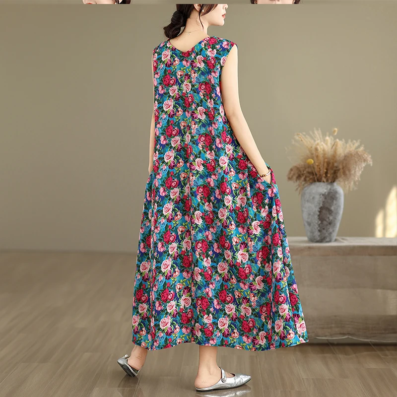 New plus Size Svel V-Ne Gown Vintage Print Silk Cotton Linen Long Dr A-Line Skirt Sle Full Flounce Hem Summer Dr