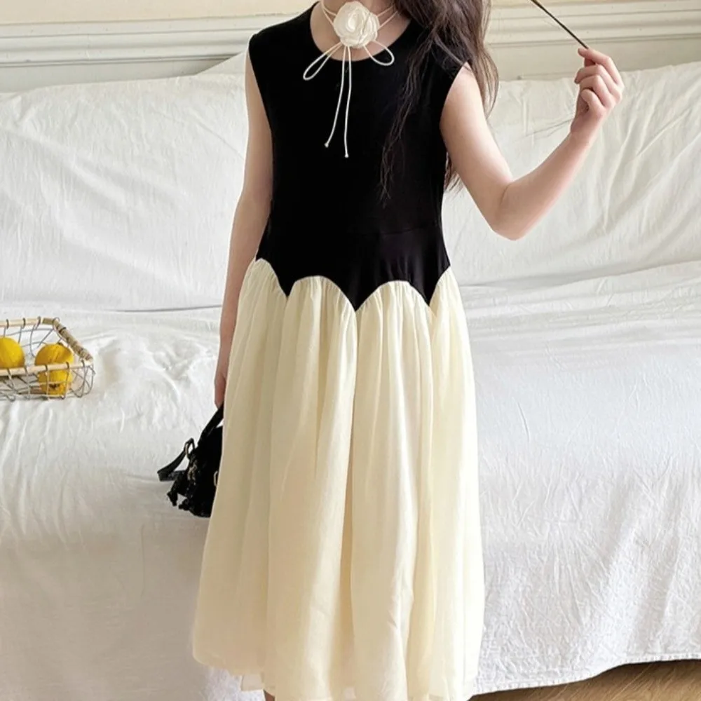 

Round Neck Children Princess Dress Sleeveless Loose Kids Korean Long Dress Casual Black White Girls Splicing Mesh Skirt